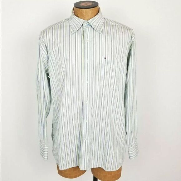 Tommy Hilfiger Large Blue Green White Striped Button Down Dress Shirt - Picture 1 of 8